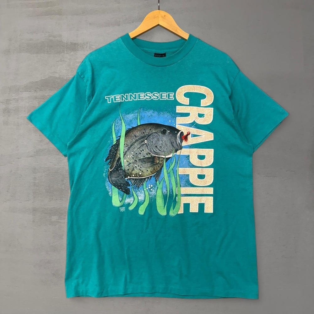 Vintage Tennessee Crappie‎ Fishing  Nature Shirt Teal Green Single Stitch 90s XL